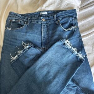 Good American Blue Straight Leg Jeans with Distressed Details